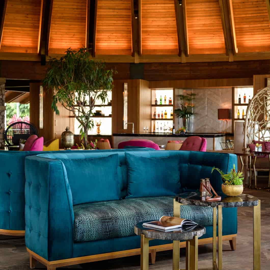 A sophisticated interior of The Birdcage with a large teal blue sofa adorned with colorful cushions, a wooden coffee table with books and a plant, set against a backdrop of a well-stocked bar and high wooden ceilings.