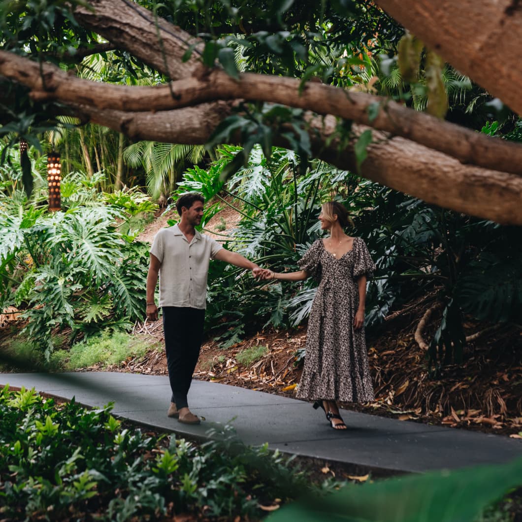 A man and woman holding hands while walking down a serene, curving path through a dense tropical garden, surrounded by a variety of lush plants and trees.