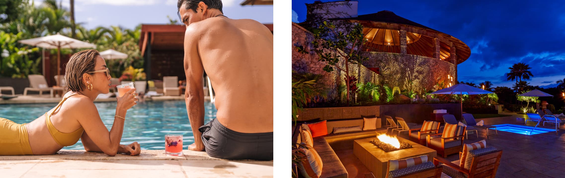 On the left, a man and a woman relax by a pool during the day. The woman is lying on her stomach, wearing a mustard-colored bikini, and holding a drink while smiling at the man beside her. The setting includes tropical plants, lounge chairs, and umbrellas, evoking a warm and inviting atmosphere. On the right, an outdoor seating area is lit up at dusk or night. The area includes comfortable chairs and sofas around a fire pit, with a stone wall and a wooden roof structure in the background. There are more lounge chairs and umbrellas by a small illuminated pool, framed by lush plants and tall palm trees under a dark blue sky.